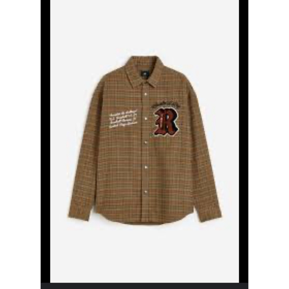 H&M Oversized Plaid Varsity Shirt Jacket “Charlie K. Ray” 1975 Baseball Graphic